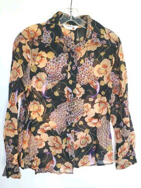 Vintage 70s Lady Arrow Sheer Floral Peacock Print Blouse Disco Boho Shirt Sz M